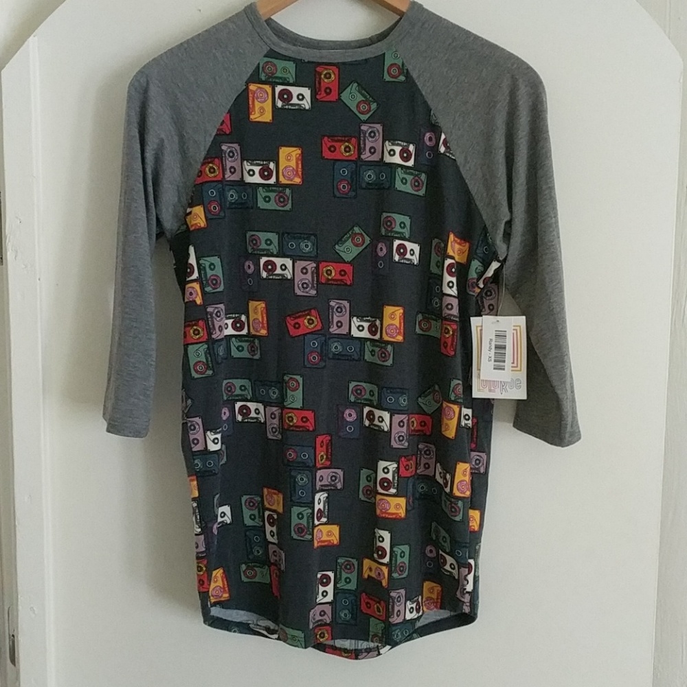 LULAROE Randy top gray with cassette tapes NWT